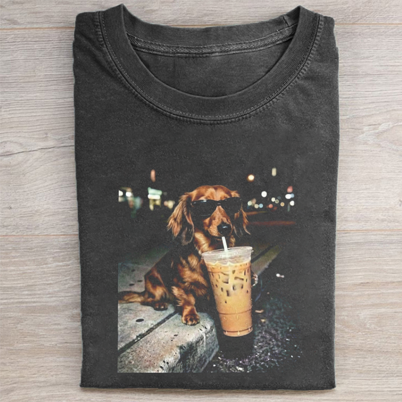 Funny Dachshund Drinking Iced Coffee T-shirt
