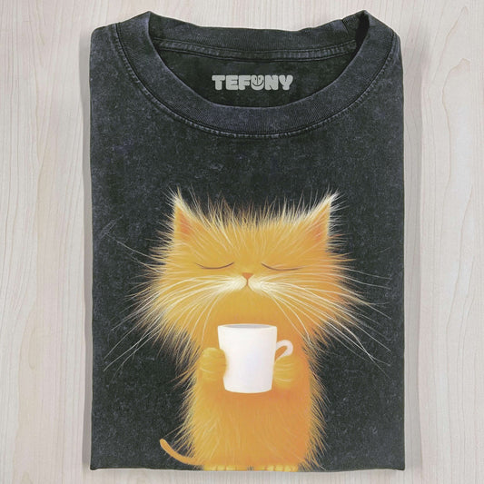 CARICATURE CAT WITH A MUG T-SHIRT